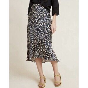Anthropologie Maeve leopard-print midi skirt Janelle model with a slit, size XS.